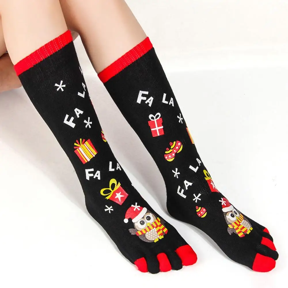 Socks Five Finger Ladies Lengthy Tube Cartoon Design Combed Cotton Toe Warm Sweat Absorbing Cross Border Christmas Hosiery