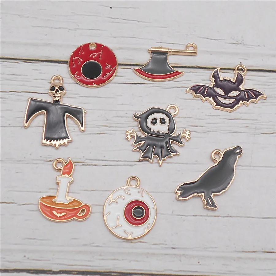 Julie Wang 8PCS Enamel Halloween Charms Cartoon Death Demon Raven Eye Ax Candle Pendant Necklace Bracelet Jewelry Accessory