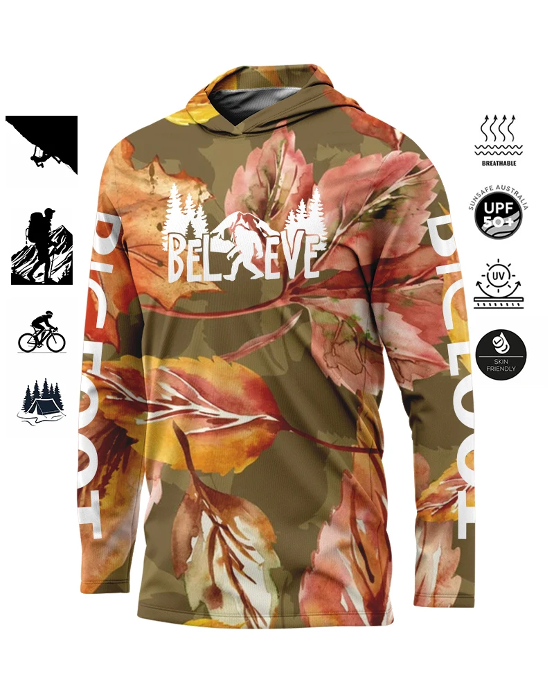 

BIGFOOT Fishing Shirt Hooded Outdoor UV Large Size Men's Camouflage Printed Moisture Transferring Knitted Fishing Clothing Top