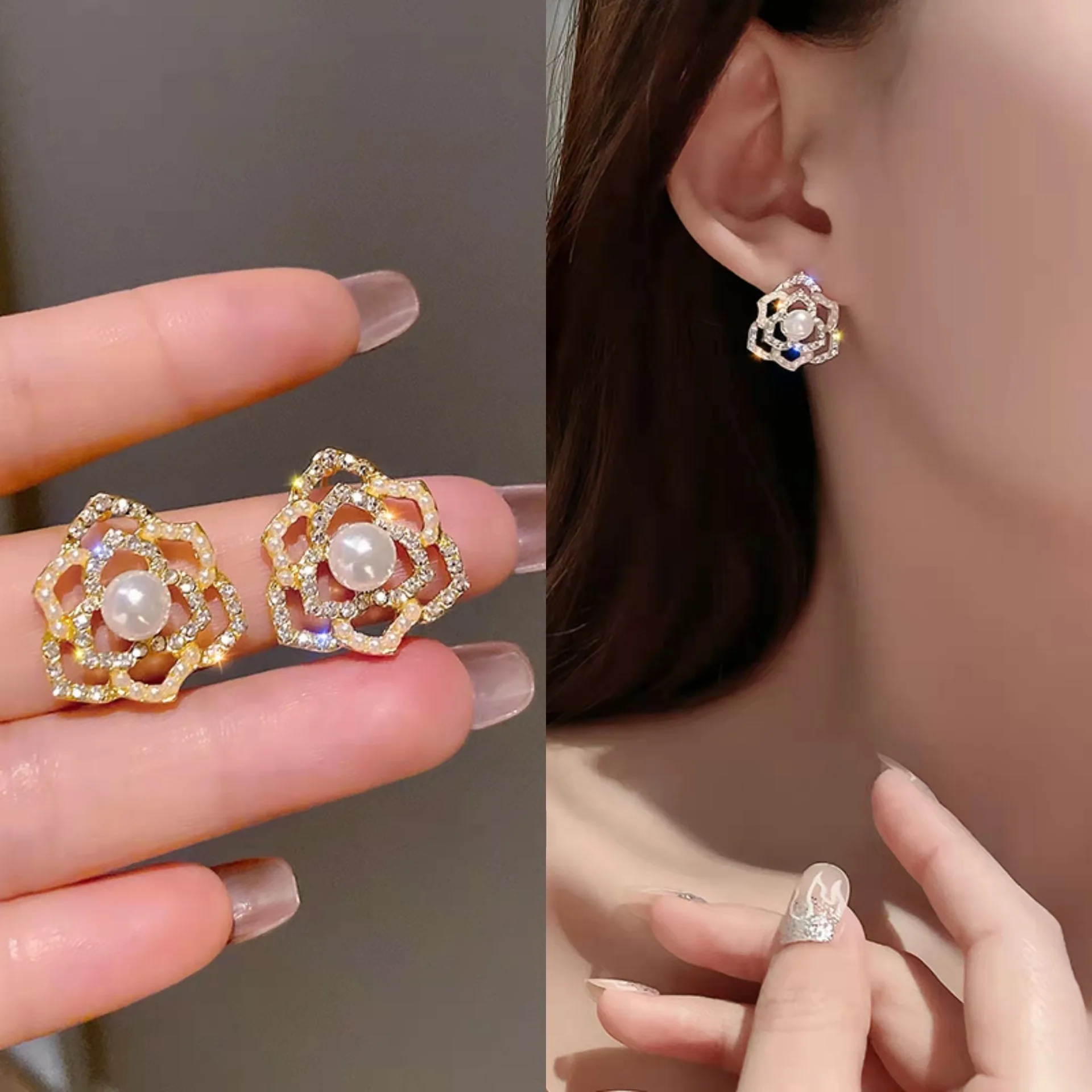 Fashion Classic Pearl Black Camellia Flower Stud Earrings for Woman Girls Korean Party Student Jewelry Gifts