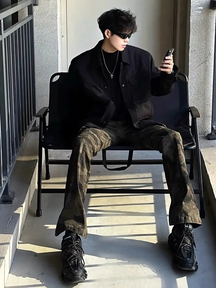 

Camouflage Workwear Pants Men's Autumn Winter American Retro High Street Straight Leg Pants Cool Bell Bot Long Trousers