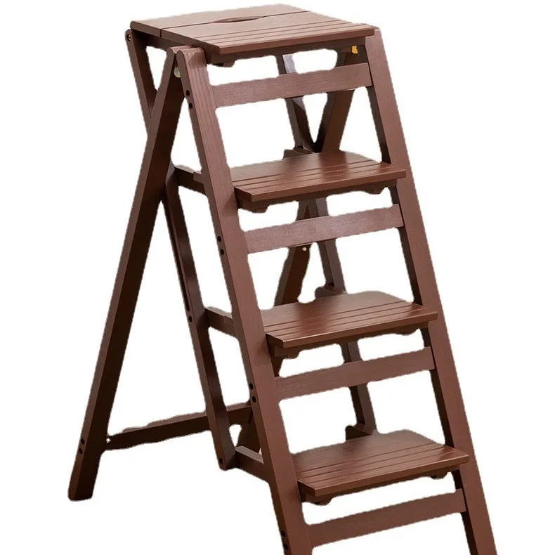 Household Storage Ladder Chair Dual-purpose Ladder Stool  Multi-functional Climbing Tread Stairs Solid Wood Folding Ladder