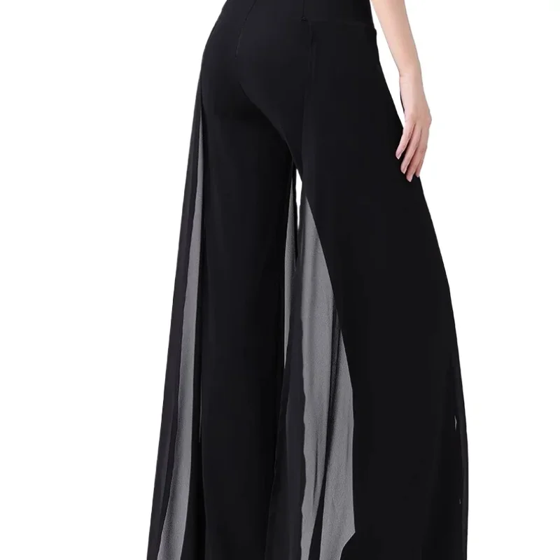 Pantalones de baile latino para mujer, novedad de verano, pantalones de pierna ancha de cintura alta para actuación de baile, pantalones con cinta flotante