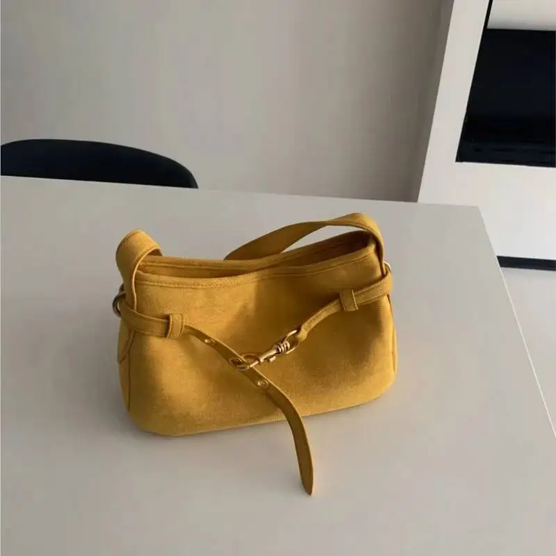 Bloom Yellow Suede Handbag Women Retro Fashion Versatile Shoulder Bags Ladies Casual Minimalist Commute Underarm Bag 2025 New