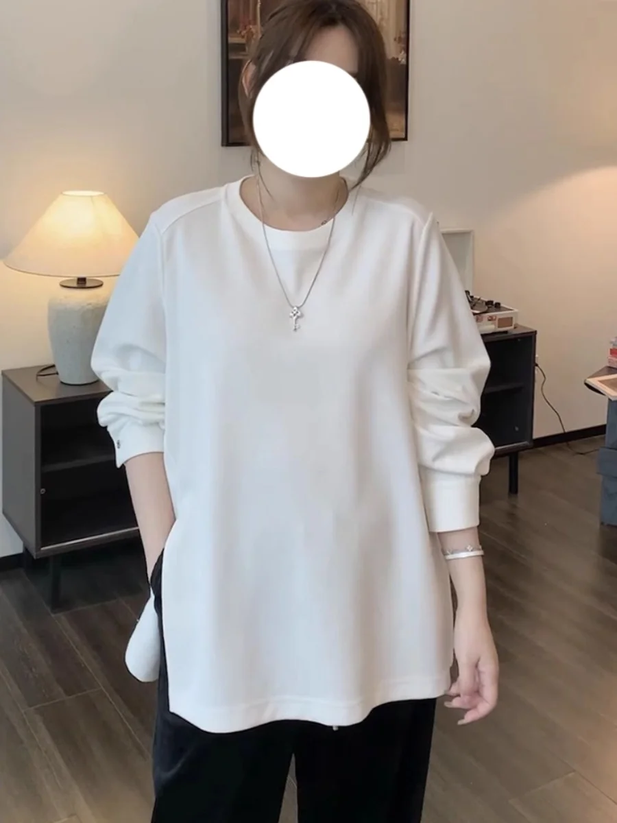 

plus Size Women's Sweatshirt T-Shirt Button Slit Spring Casual Long Sleeve Fashionable Loose Fit round Neck Korean Style