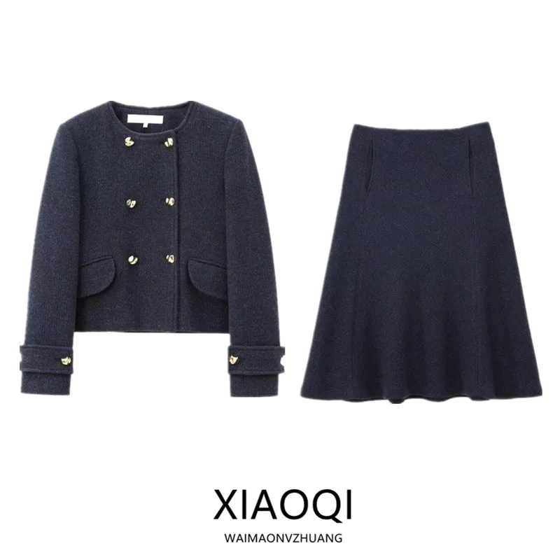 

Women's Faion round Ne Wool Blend Coat Skirt Set Autumn Winter New Arrival Ele mat Sle for Young Profionals
