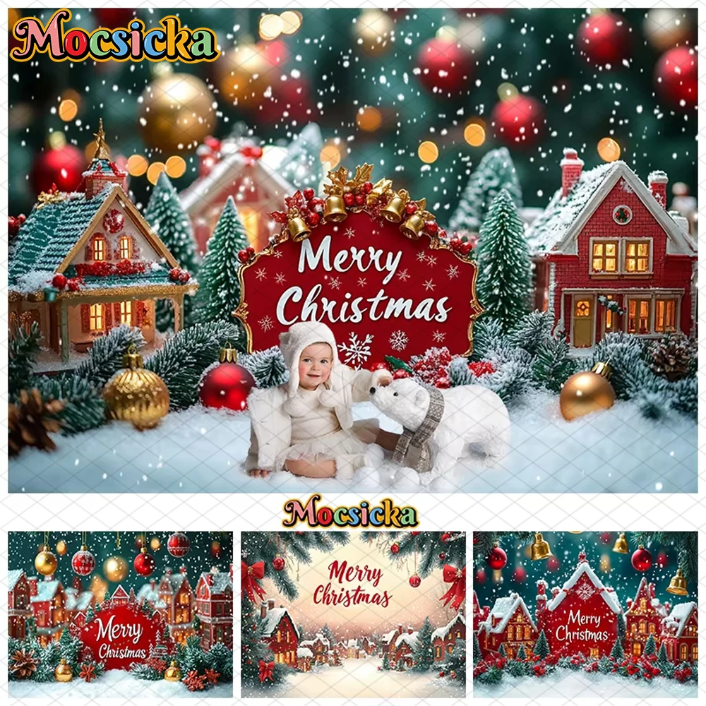 

Mocsicka Merry Christmas Background Photography House Small Bell Snowflake Xmas Tree Decorations Party Backdrop Photocall Banner