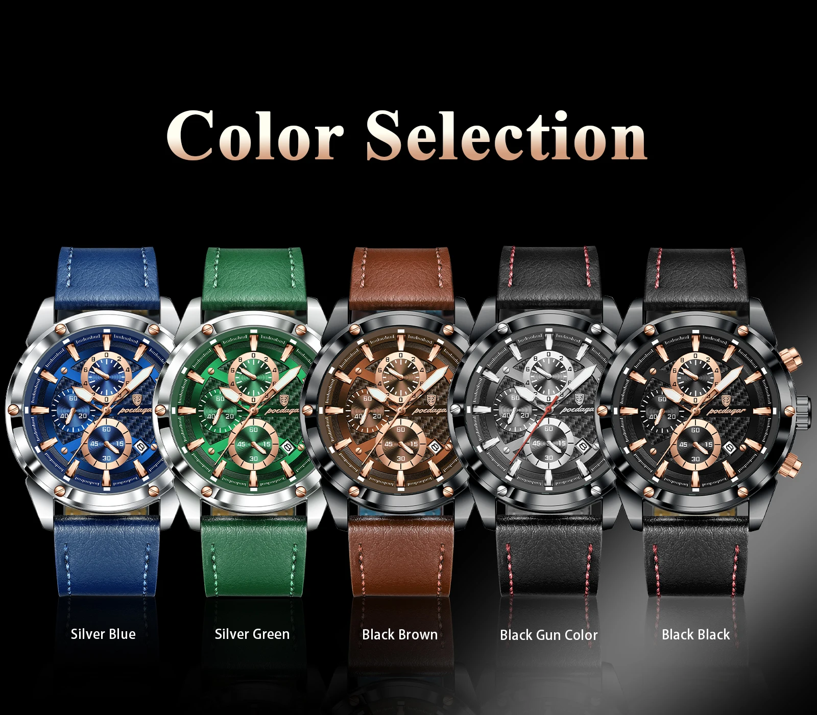 POEDAGAR Business-Mann-Uhr, wasserdicht, leuchtend, Chronograph, Datum, Original-Uhren für Herren, Leder, Luxus-Herren-Quarz-Armbanduhr – Detail 8