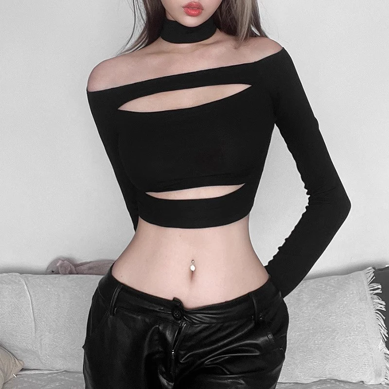 Herbst schulter frei Top Frauen aushöhlen Slim Fit sexy T-Shirt Lady Club Party Langarm ausgesetzt