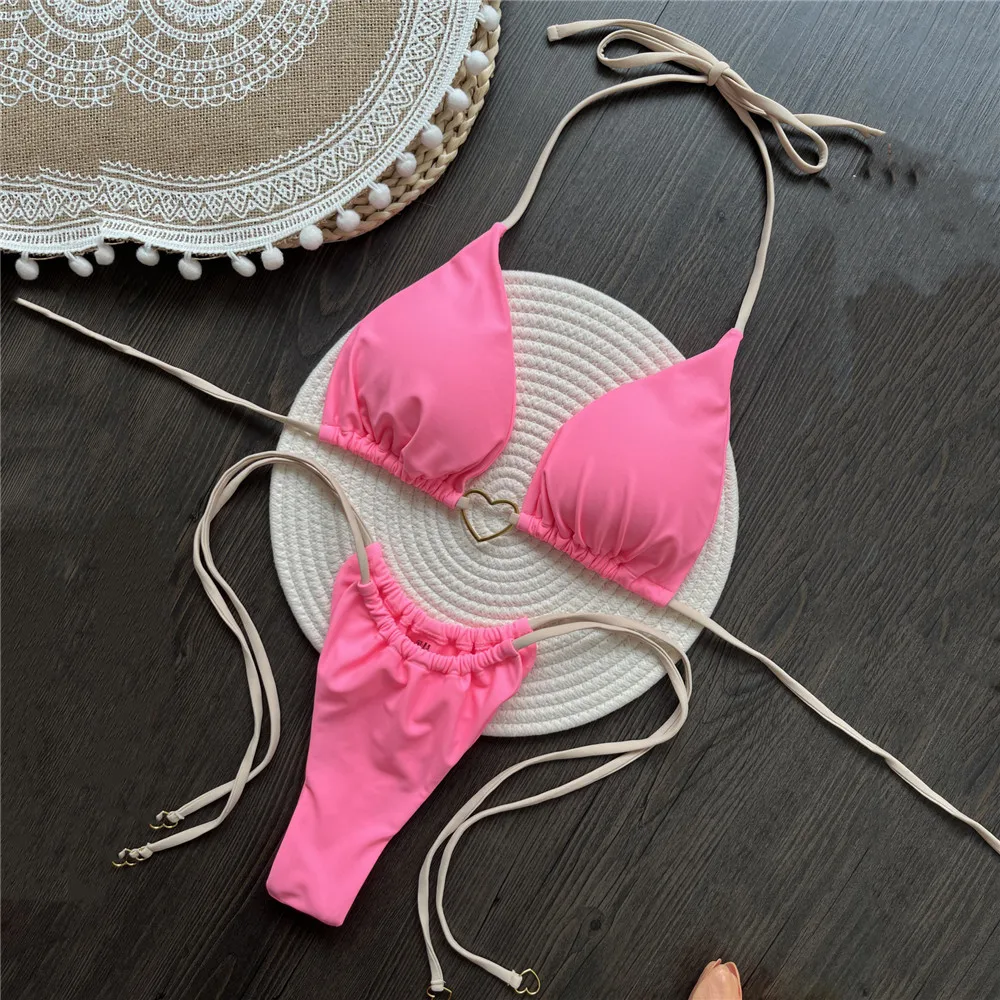 Pink String Halter Micro Bikini Thong Heart Ring Swimwear Sexy Swimsuit Women 2025 Bathing Suit Brazilian Triangle Bikinis Sets