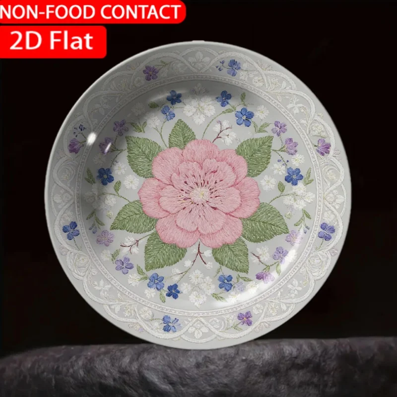 1pc Retro Floral Circle Pink Ceramic Plate Non-Food Contact, Home Desk Ornaments, Living Room And Bedroom Decorations, Suitable