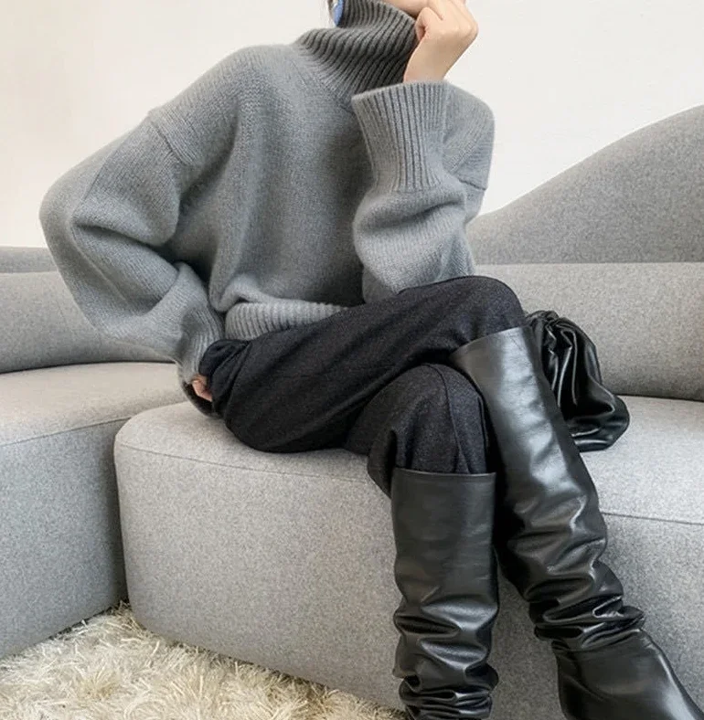 

Elegant Women's Sweater 2025 Autumn Solid High Neck Soft Pullover Loose Versatile Lazy Style Casual Long Sleeved Knitted Sweater