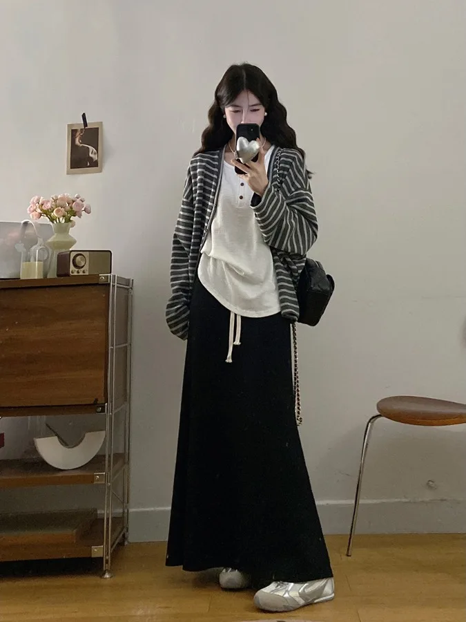 

plus Size Lazy Style Casual Striped Open Cardigan Top with Sling Vest High Waist Skirt Women's Fashion Autumn Outfit Set