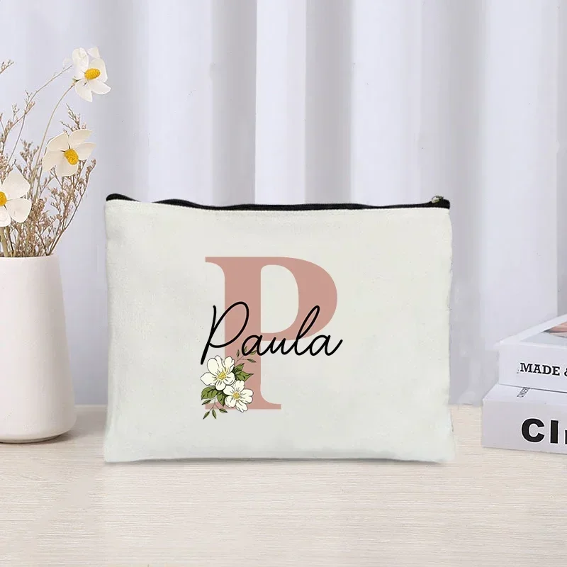 Name Makeup Bag Floral Letter Wedding Bridesmaid Gift Travel Cosmetic Organizer Canvas Custom Side Bag Ladies Pencil Case Purse