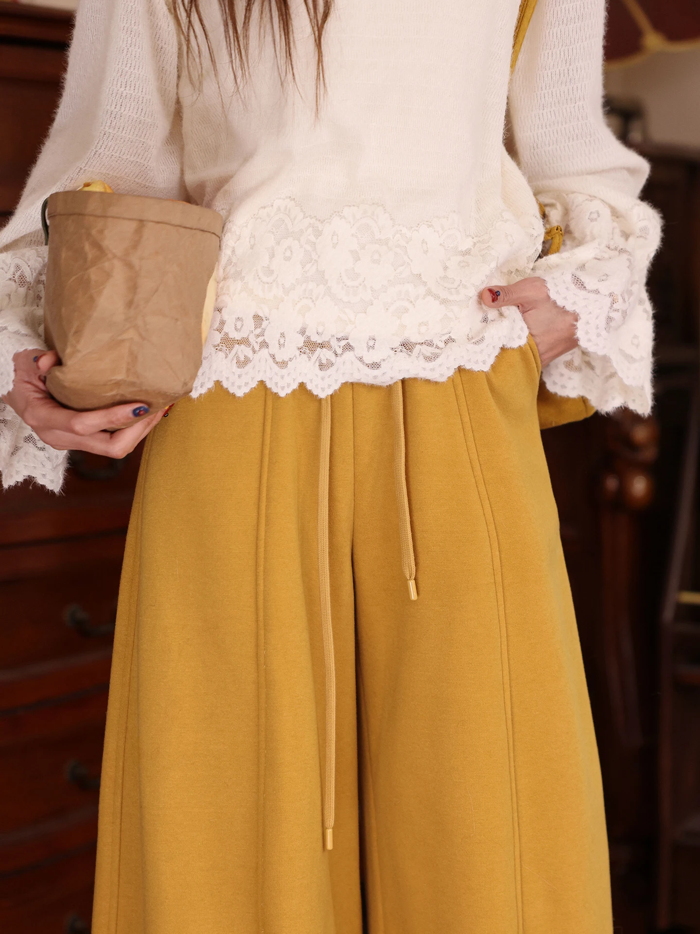 กางเกงลำลองเอวสูงสีเหลืองสำหรับผู้หญิงทรงหลวมอเนกประสงค์ฤดูใบไม้ร่วงฤดูหนาวกางเกงขายาวกางเกงขากว้างใส่สบาย