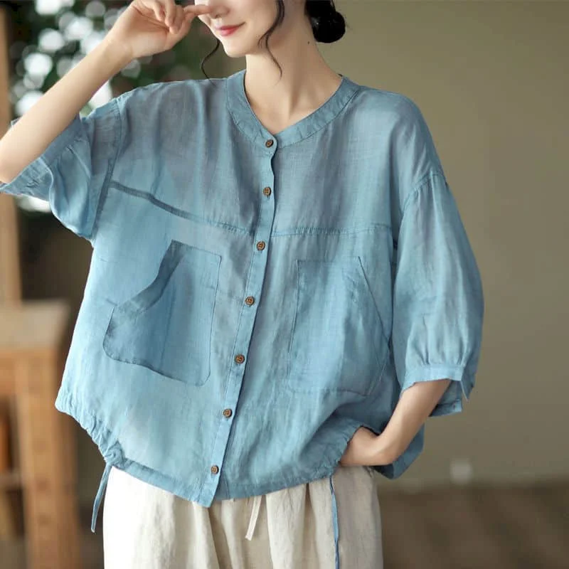 Solid Shirts for Women Half Sleeve O-neck Casual Summer Thin Single Breasted Korean Style Oversized One Piece Blouse Women Tops