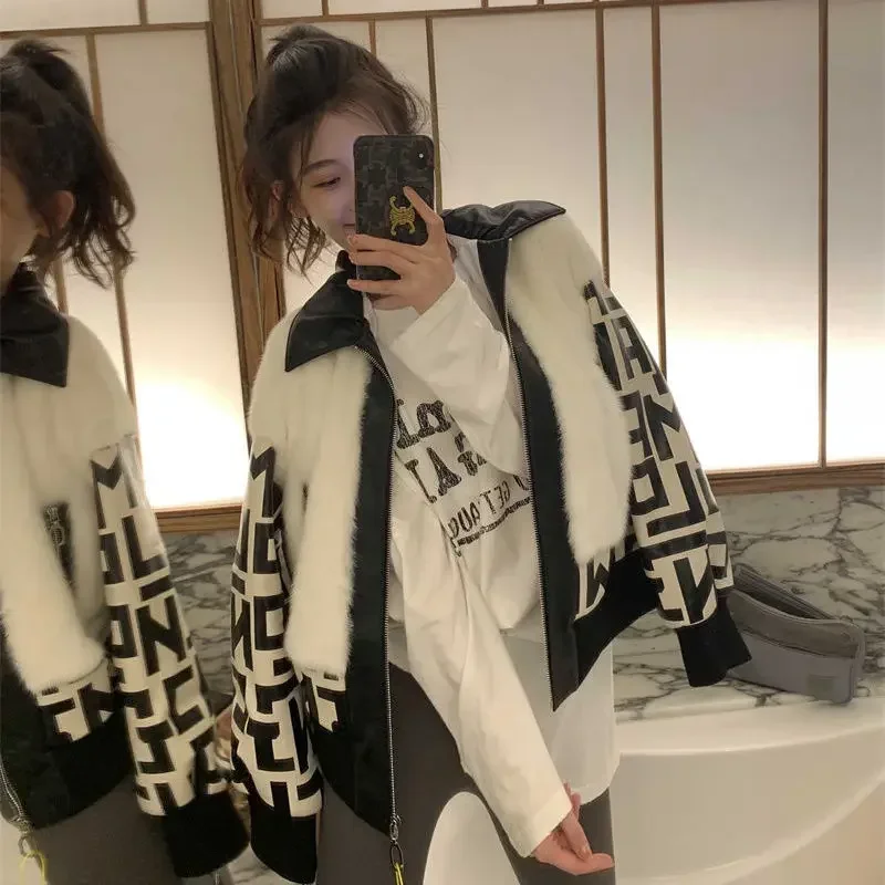 Hikigawa Chic Fashion Women Fake 2 Pcs Fairy Collar Patchwork Coat Letter Print Autumn Winter Long Sleeve Jacket Top Streetwear