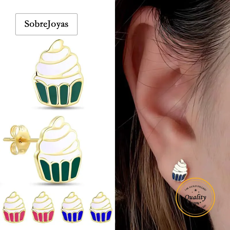 14k金張りカップケーキスタッドピアス-子供用ジュエリー卸売バルクdiy素材-キッズフレンドリーファッションアクセサリーイヤリング