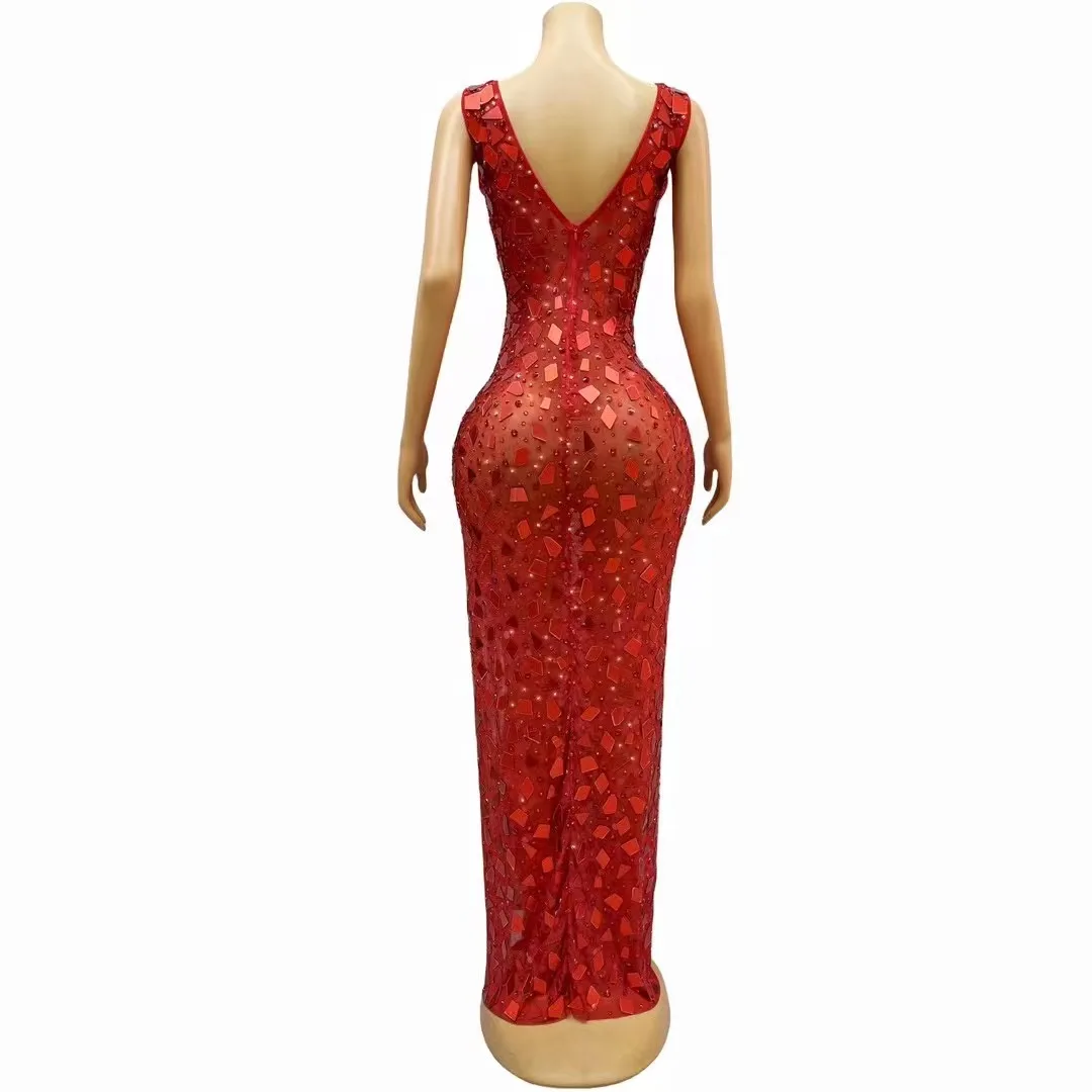 Sexy Luxurious Red Rhinetones Mirrors Sleeveless Dress Birthday Evening Celebrate Costume Film Festival Evening Club Gowns Dress