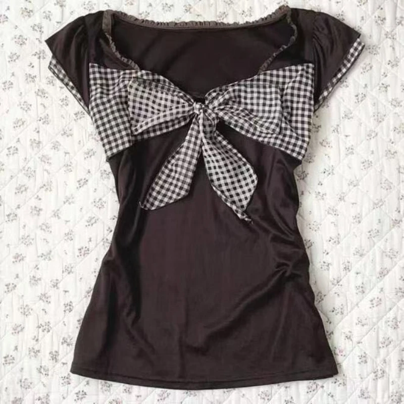 Japanese Style Striped Piano Collar T-shirt Women Kawaii Short-sleeved Mini Tops Casual Outfits Cute Sweet Cotton Tops 2025 New