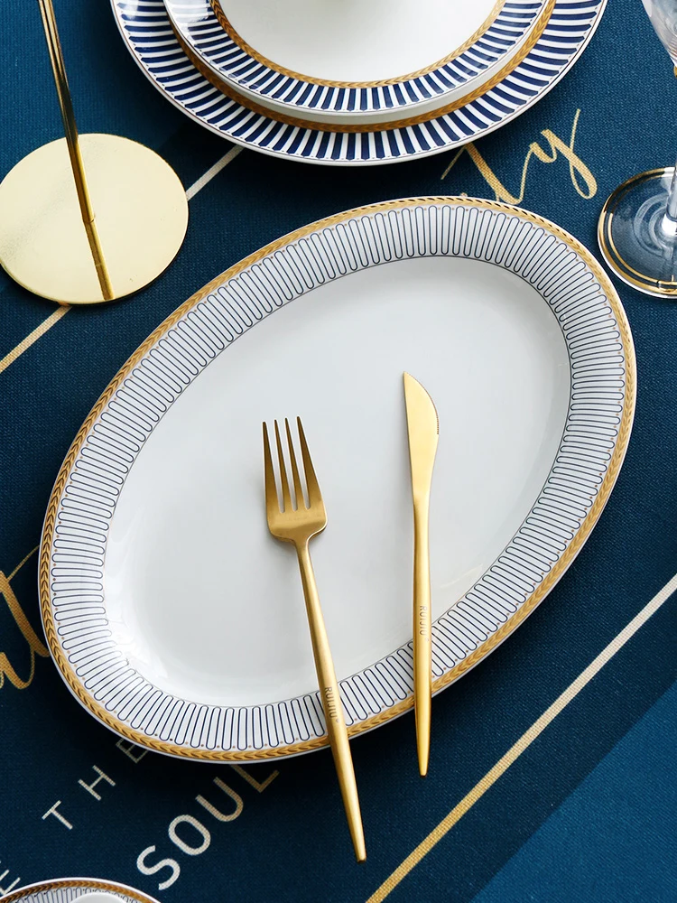 

12 Inch Bone China Oval Fish Plate Steamed Fish Dish Large Dinner Plate Royal Style European Craft Glazed Onwards Gold