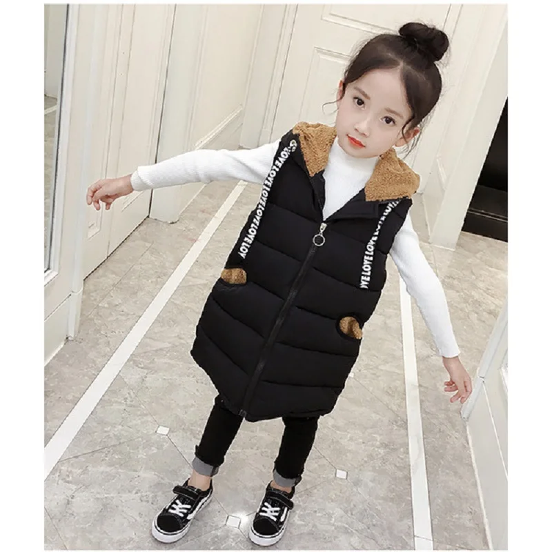 Winter Girls Cartoon Shower Hooded Warm Fleece Lined Long Zip Vest Children Waistcoats School Kids Outfit Tops For 3-14 Years