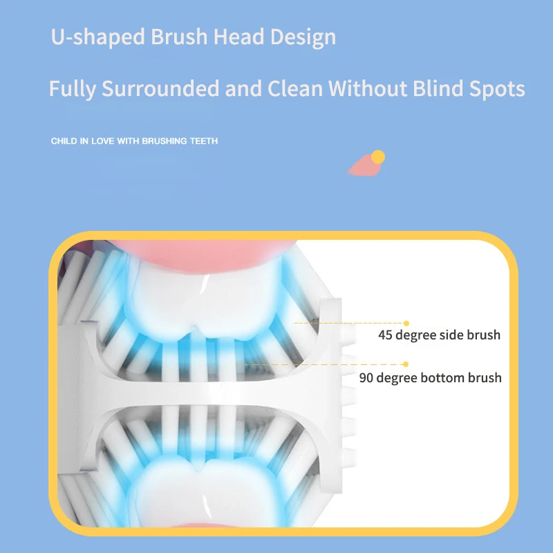 U-shaped Children Electric Toothbrush USB Charger for Kids Cartoon 360Degrees Automatic Tooth Brush Silicon Head Blue Light IPX7