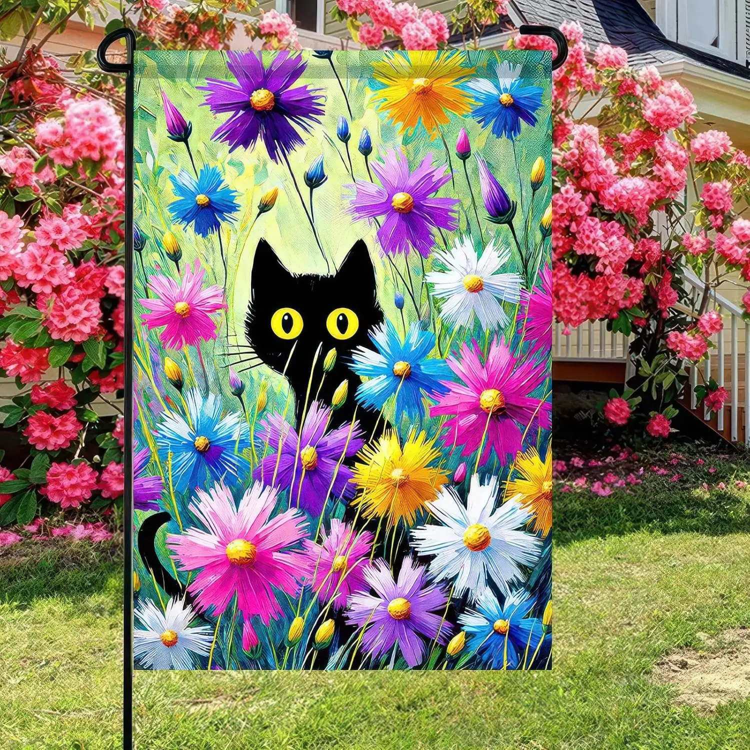Spring Summer Black Cat Garden Flag Funny Floral Flag 12×18 Inch Double Sided Farmhouse Welcome Yard Seasonal Outdoor Decor  GGX