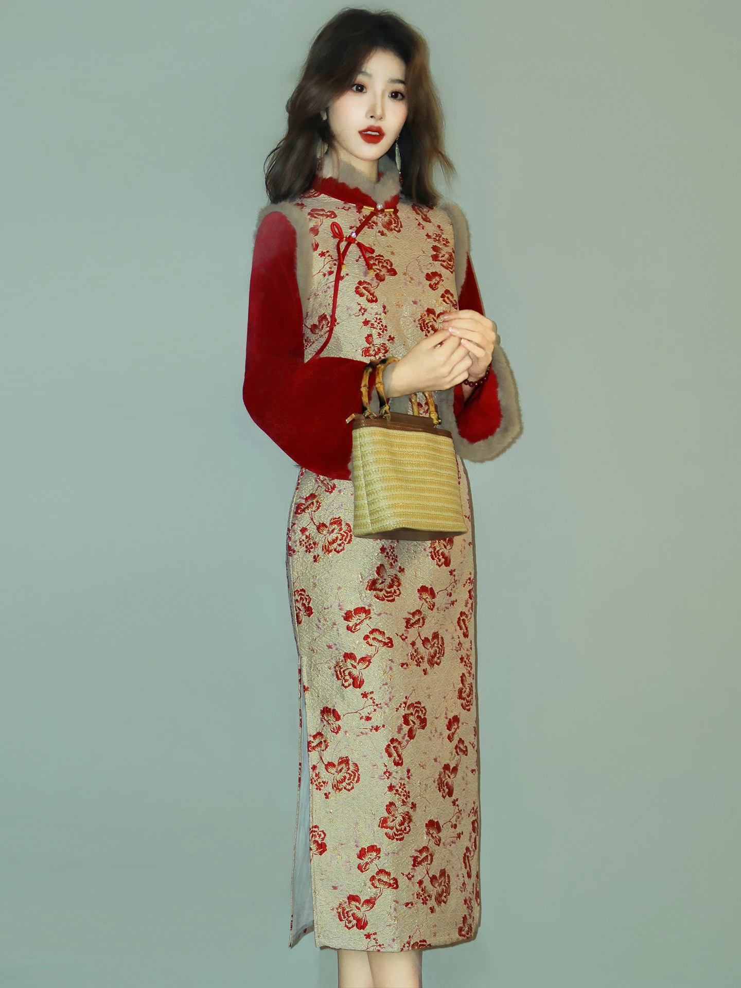 

Red Winter Chinese Sle Vintage Women's New 2026 High End Ele Personali Dr Cotton Weaving Long Sve