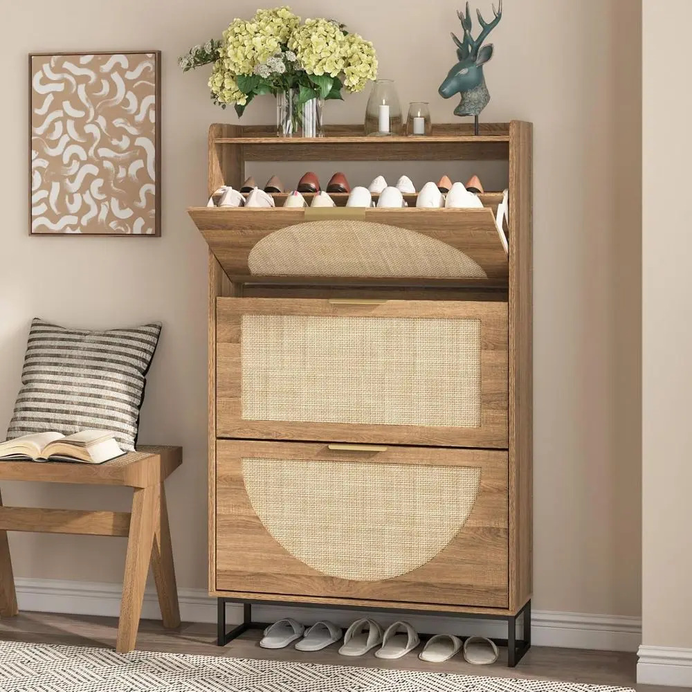 Narrow Rustic Oak Rattan Shoe Cabinet with 3 Drawers, Metal Legs, and Hidden Handles for Entryway Storage