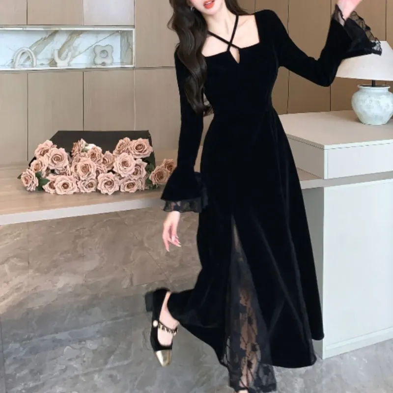 French Style Square Collar Halter Dresses Spring Autumn A-Line Stylish Patchwork Basic Female Clothing Aura Elegant Midi Dress