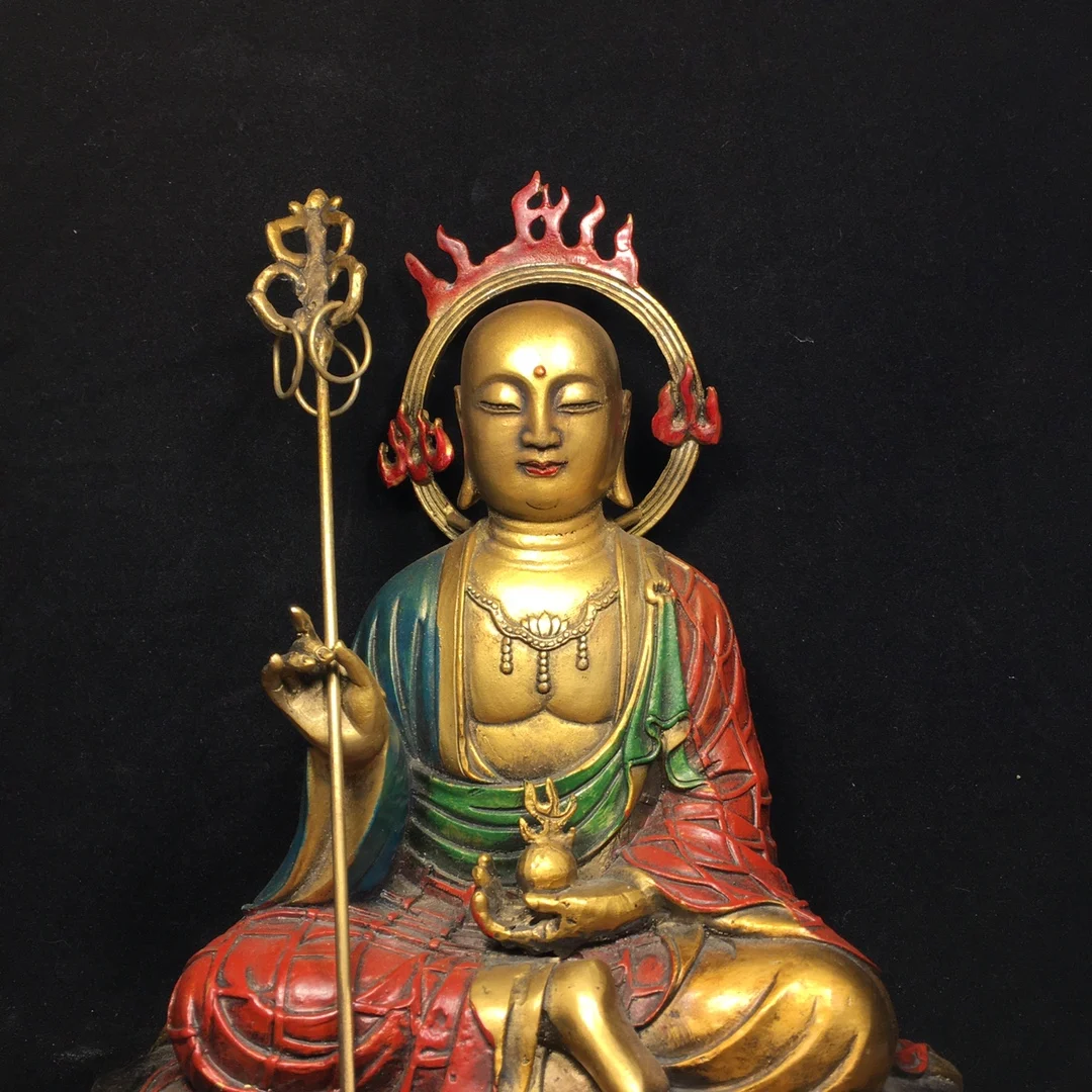 Metal Buddha statue Pure copper painted Ksitigarbha Bodhisattva Height 29.5CM Length 21CM, width 14cm, weight 2915g