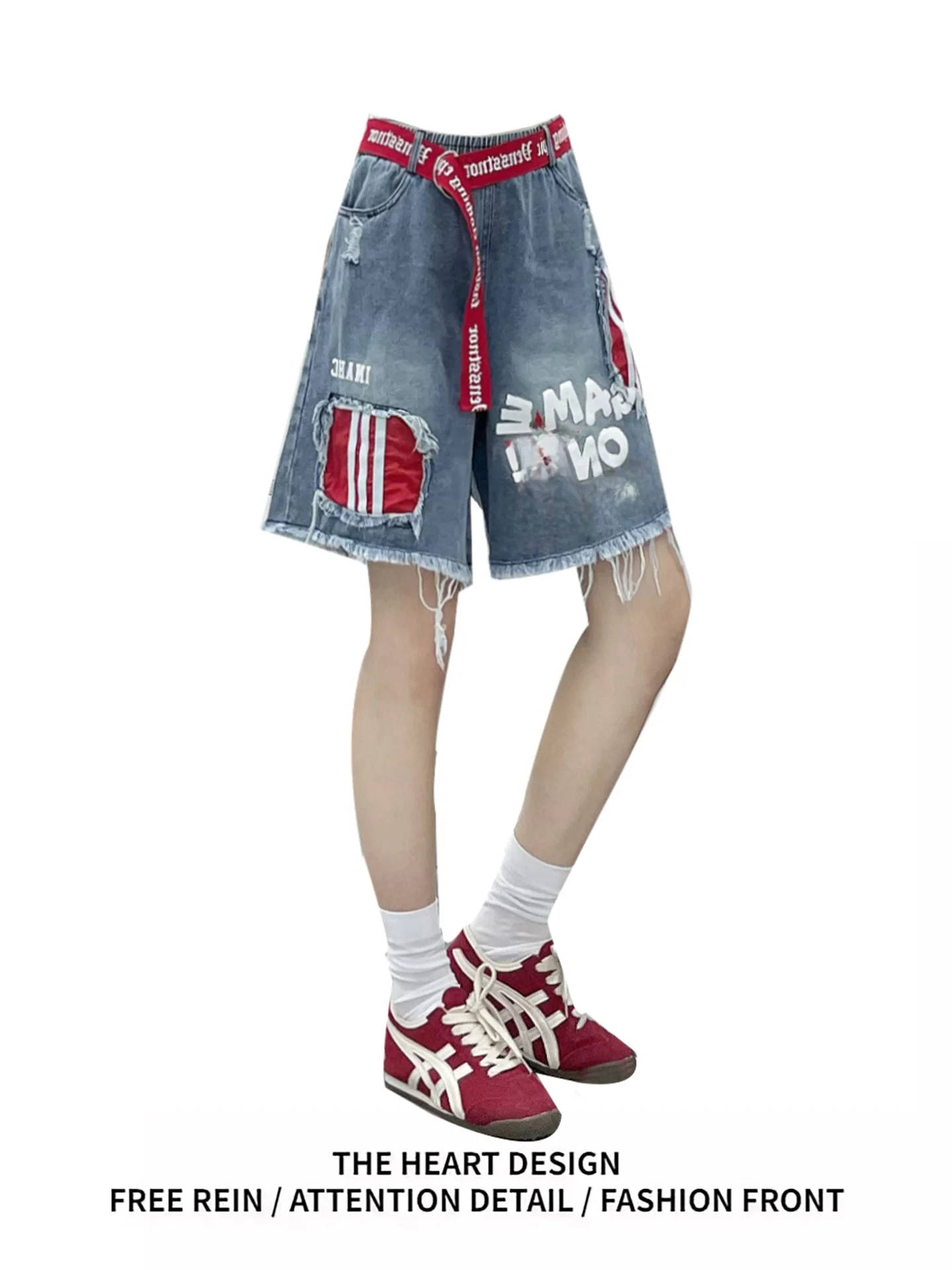 

Американские ретро полосатые лоскутные джинсовые брюки с дырками, женские летние новые свободные широкие брюки с высокой талией пять четвертей