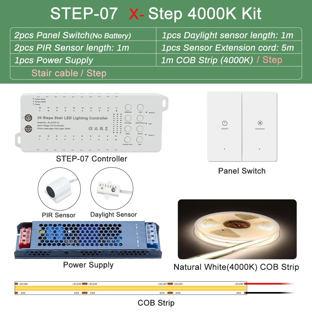 Bewegingssensor Trap LED-lichttape 1-20 stappen 24V COB LED Trapstrip Snelle verbinding Wandschakelaar Controle PIR-sensor voor Home Decor