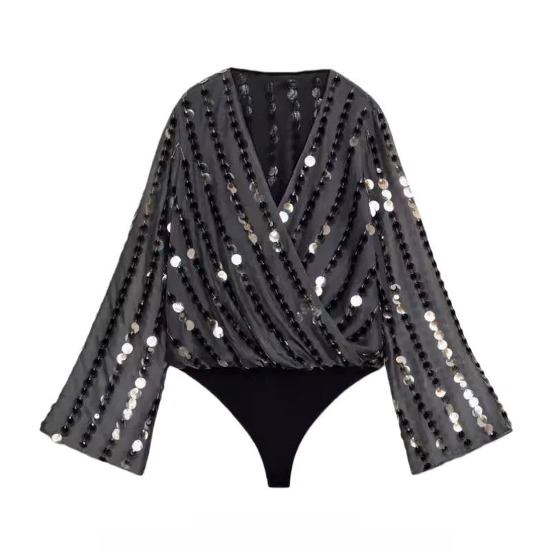 

Весна 2026: Модный комбинезон с V-образным вырезом, декорированный бисером, на двубортной застежке, с длинными рукавами, с высокой талией, короткие брюки, женская одежда премиум-класса