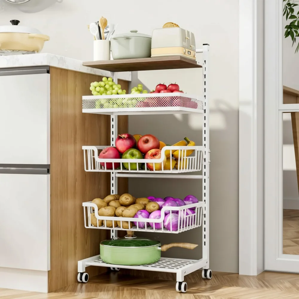 

5-Tier Adjustable Rolling Kitchen Cart with Wooden Top - Large Capacity Vegetable Fruit Storage Rack on Wheels