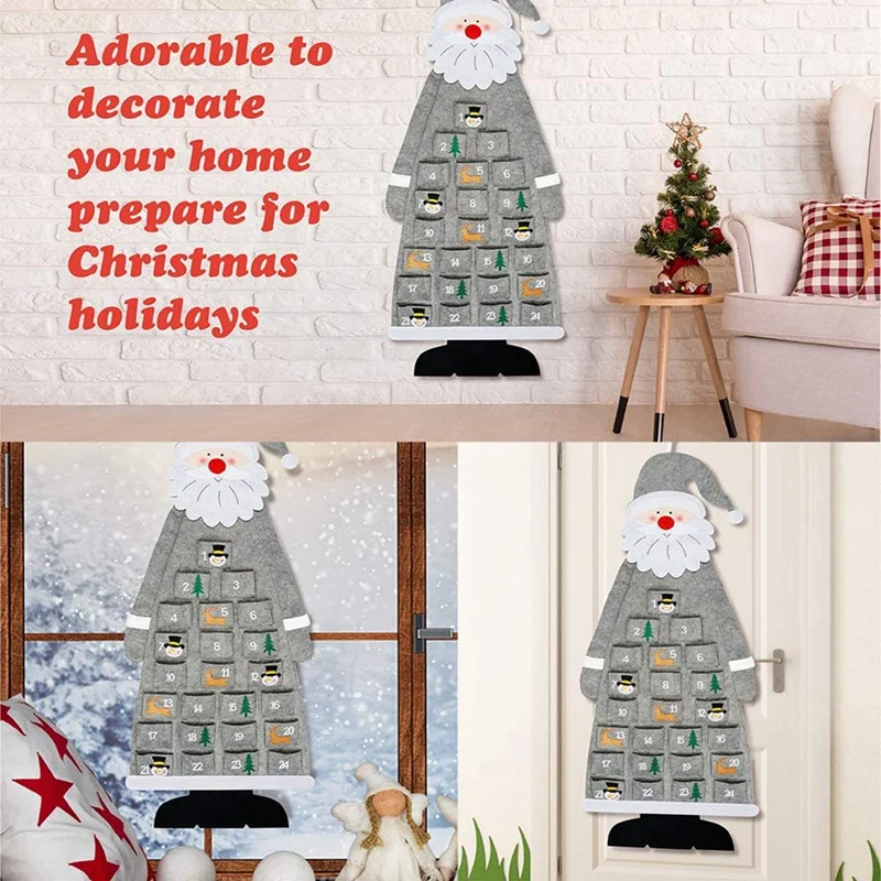 2X Christmas Felt Advent Calendar Wall Hanging Santa Advent Calendar With Pockets 24 Days Reusable Gray