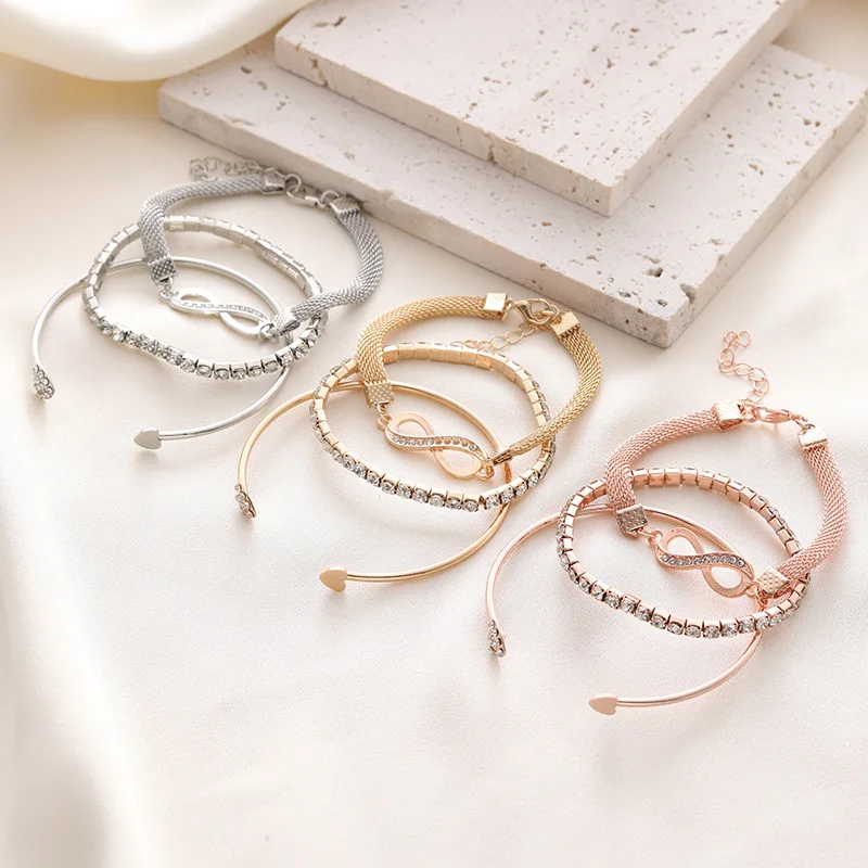 New Instagram Women's Diamond Heart Open Bracelet Fashionable and Creative Simple 8-line Peach Heart Bracelet 3-piece Set