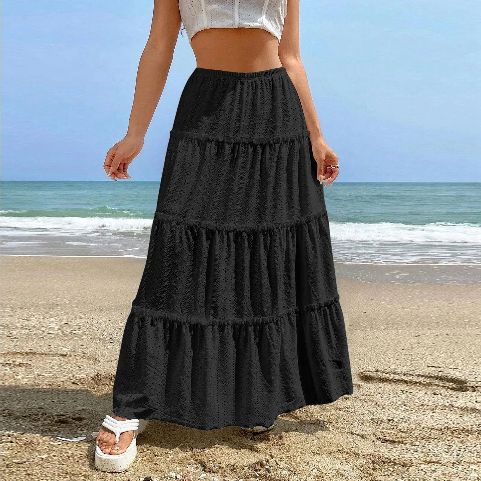 

2024 New Fashionable Women's Beach Vacation Casual Layered Ruffle Hem Solid Color Long Skirt Hollow Gathered Summer Cake Skirt