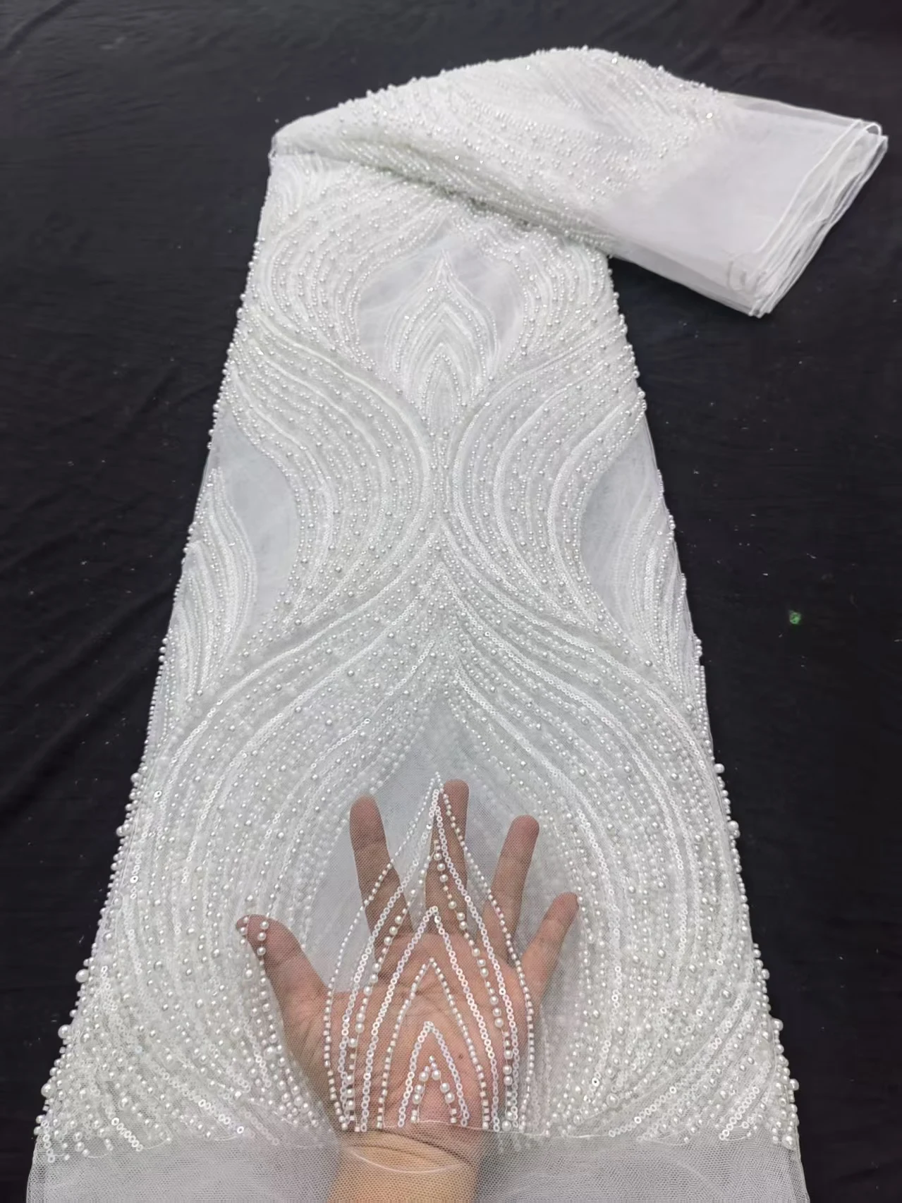 

African Lace French Sequin Fabric High Quality Embroidery Tulle Lace Fabrics With Beaded For Nigeria Wedding Dress Sewing 2026