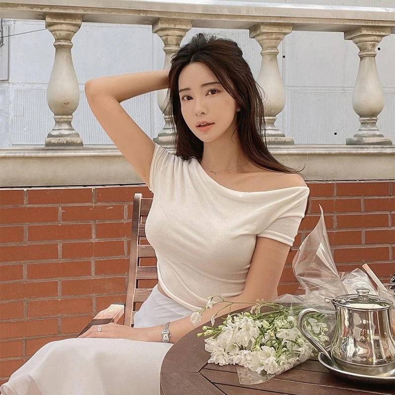 Korean Style 2026 Spring Summer New Women T-shirt Fashion Versatile Short Sleeve Slim Fit T-Shirts Draped Neckline Crop Top