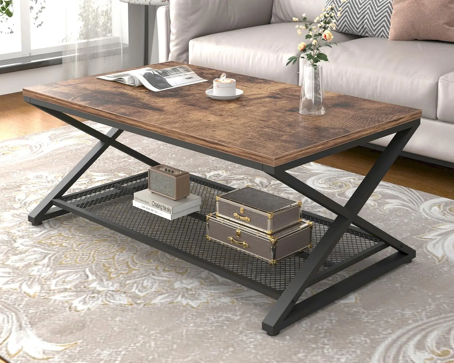 

Rustic Coffee Table, Industrial Metal Wood 2 Tier Cocktail Tea Table with Storage for Living Room, Farmhouse Wooden, Customized