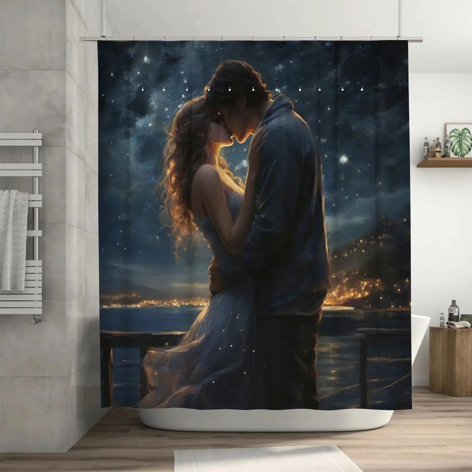 

Couple Kissing Under the Stars Waterproof Shower Curtain, Artistic Design for Bathroom Decor, Enhances Romantic Atmosphere