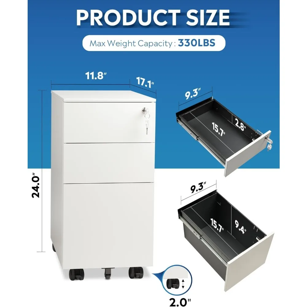 File Cabinet for 3-Drawer with Lock, Under Desk Storage Drawers Rolling Printer Stand with Wheels, File Cabinet