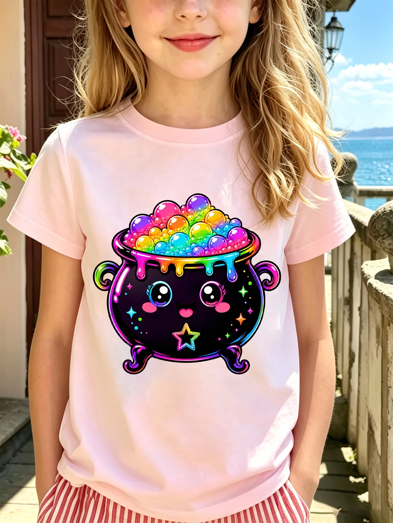 Cute Rainbow Witch Cauldron Kid Tee Colorful Bubble Graphic Print Boys Girls Family Matching Cotton Short Sleeve Children Tshirt