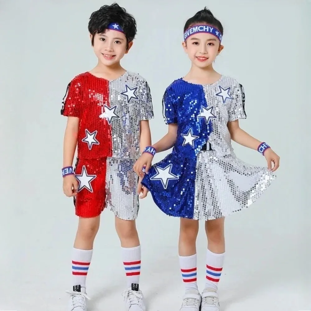 

Children Dance Sequin Costumes Boys and Girls Sequin Tops and Skirts Set Modern Hip Hop Jazz Dance Street Dance Performance Suit