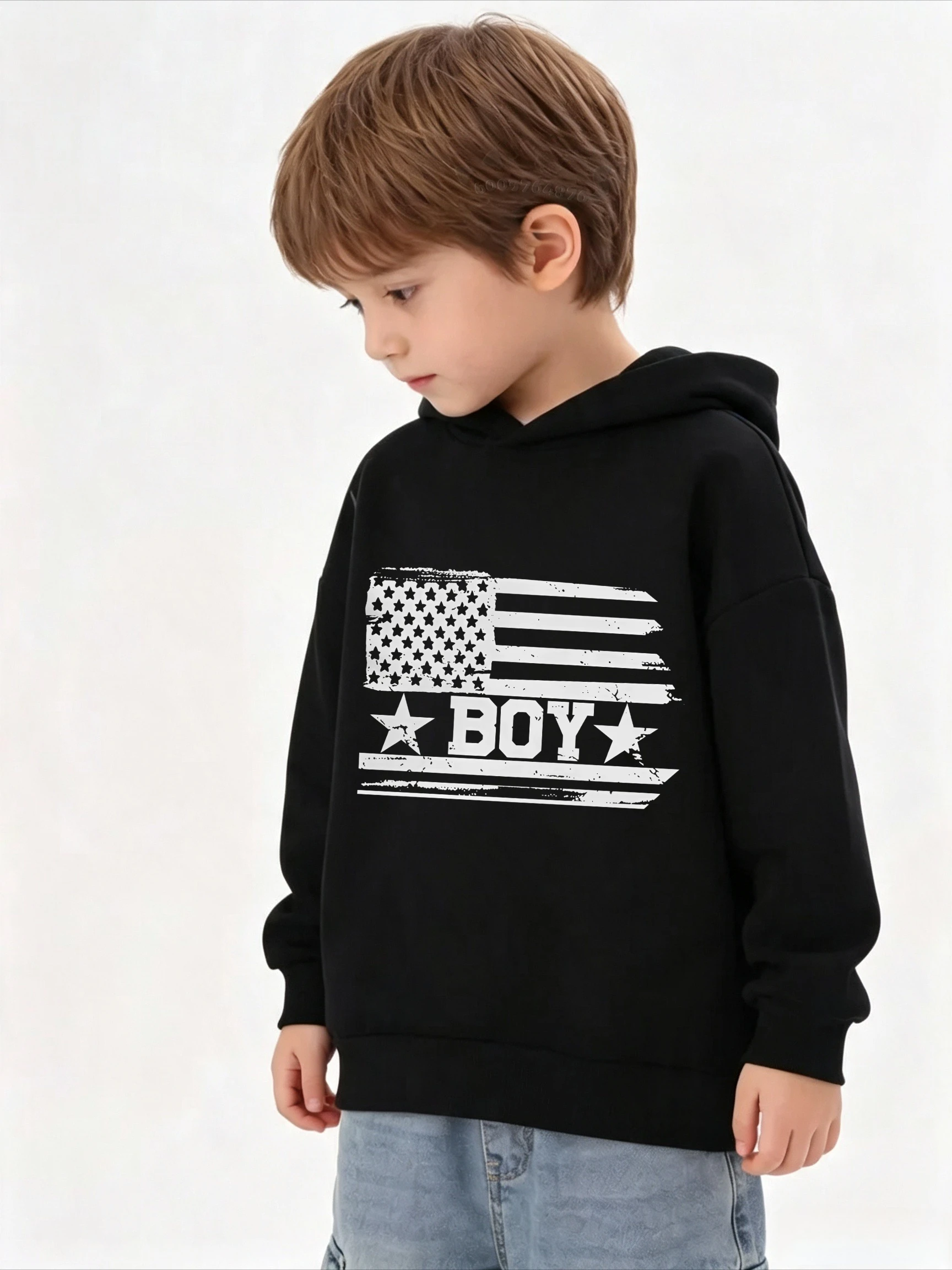 Classic Autumn-Winter Flag Children's Hooded Sweatshirt -Boys' Girls' Teenage Retro Trendy Casual Loose-Fitting Pullover Sweater