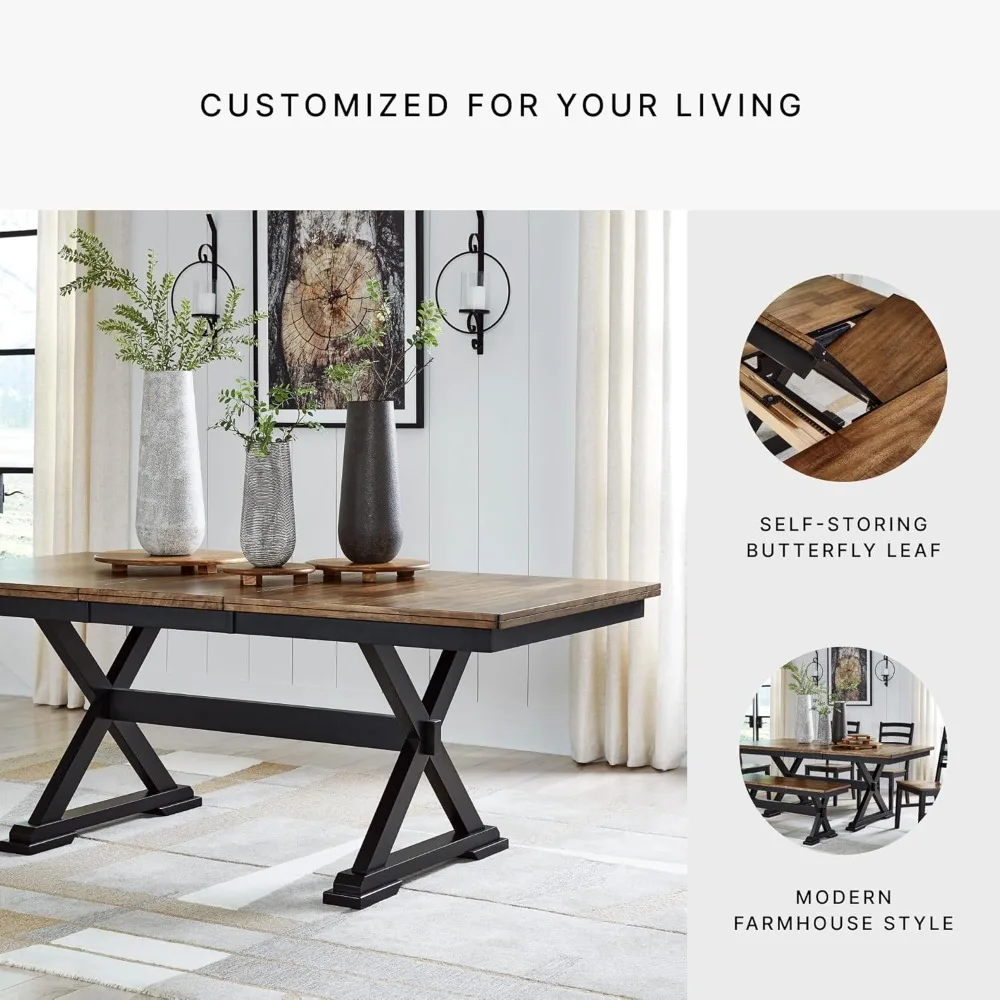 طاولة طعام على طراز المزرعة من Ashley Wildenauer مع وصلة مدمجة على شكل أوراق فراشة لمقعد من 6 إلى 8 مقاعد، باللون الأسود