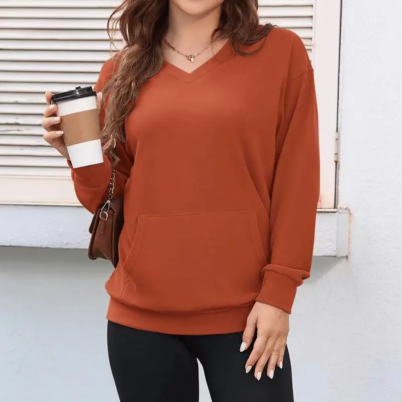 

New Women's Sweatshirt V-neck Long-sleeved Large Pocket Fashion Casual Top Simple Comfortable Sports Pullover