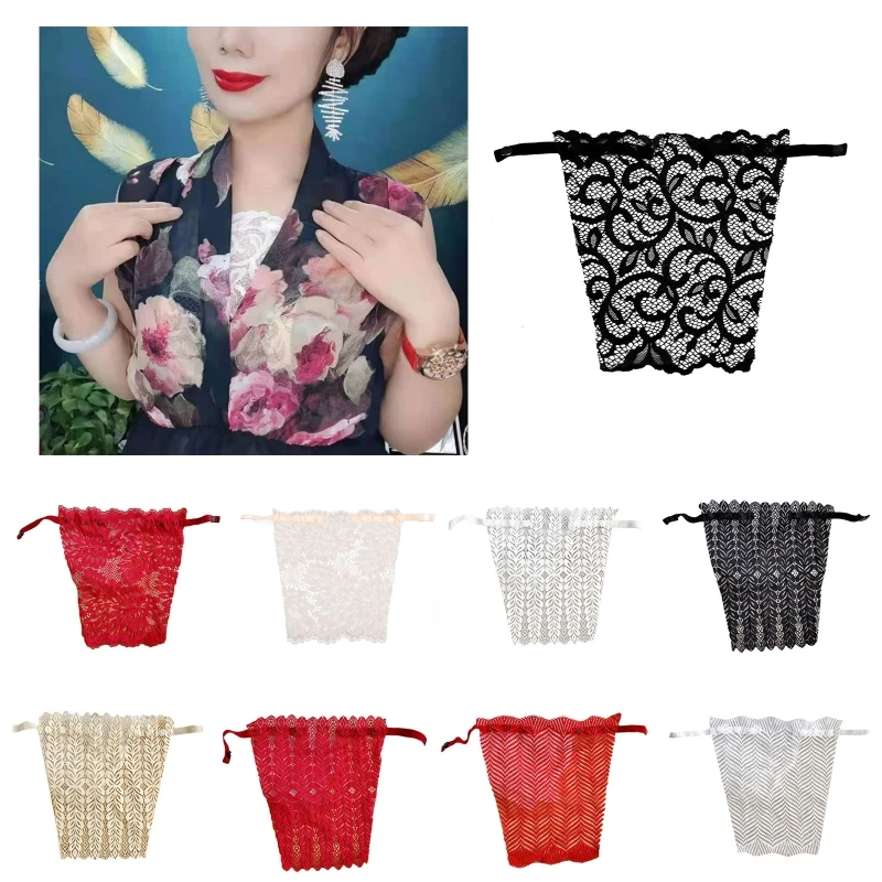 Women Summer Clip-On Floral Leaves Lace Mock Camisole Bra Insert Cleavage Cover Overlay Panel Vest Wrapped Chest Bandeau